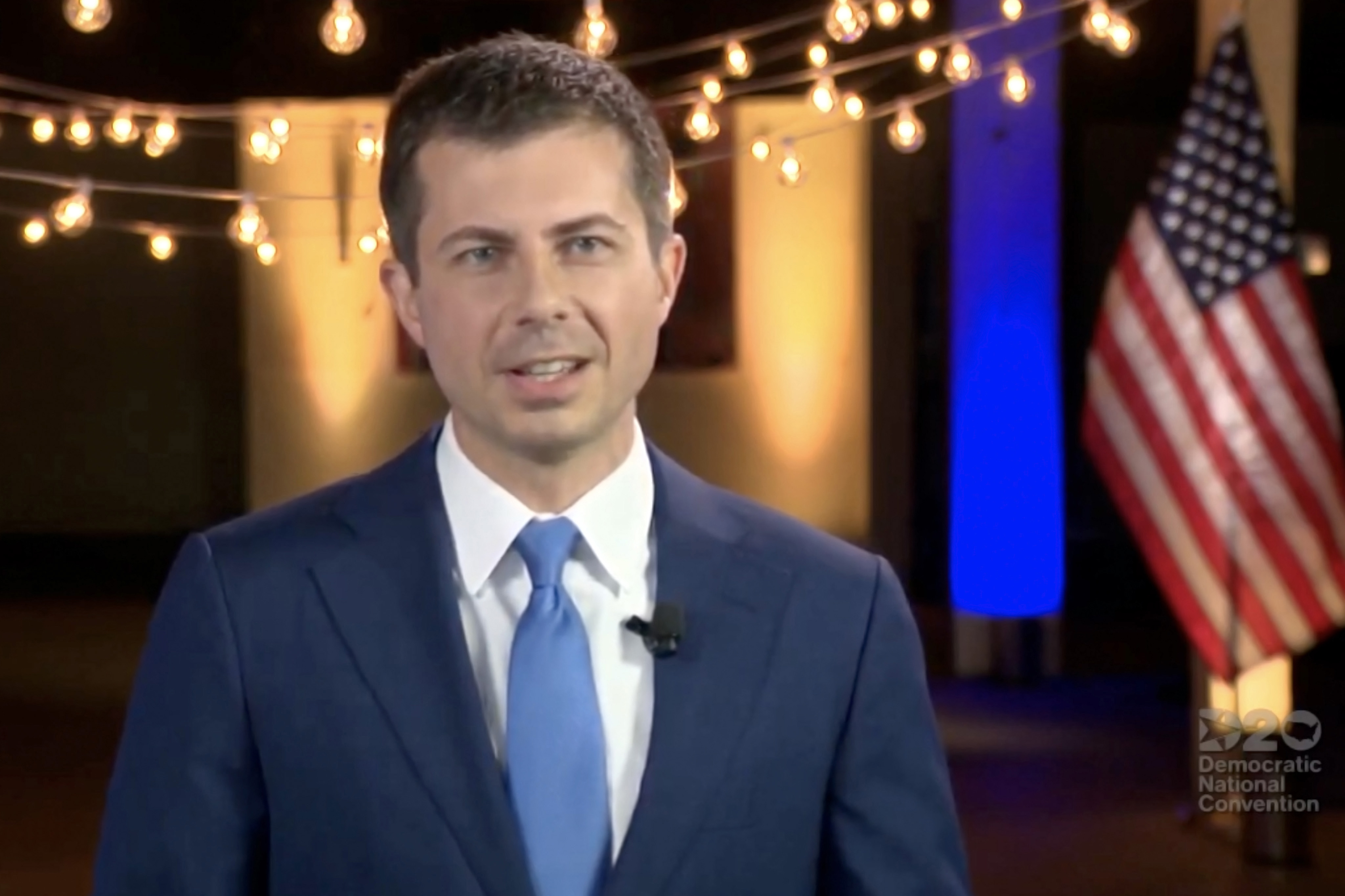 In this screenshot from the DNCC’s livestream of the 2020 Democratic National Convention, former Mayor of South Bend, Indiana Pete Buttigieg addresses the virtual convention on Aug. 20, 2020. (DNCC via Getty Images)