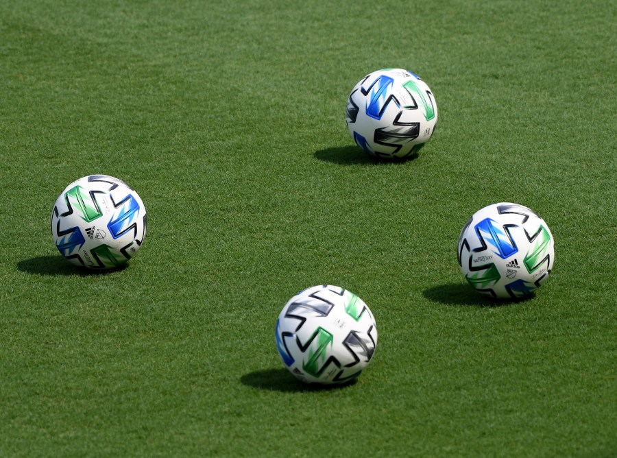 Soccer balls on the field before the season opening game between the Los Angeles Galaxy and the Los Angeles FC at Banc of California Stadium on August 22, 2020 in Los Angeles, California. (Harry How/Getty Images)