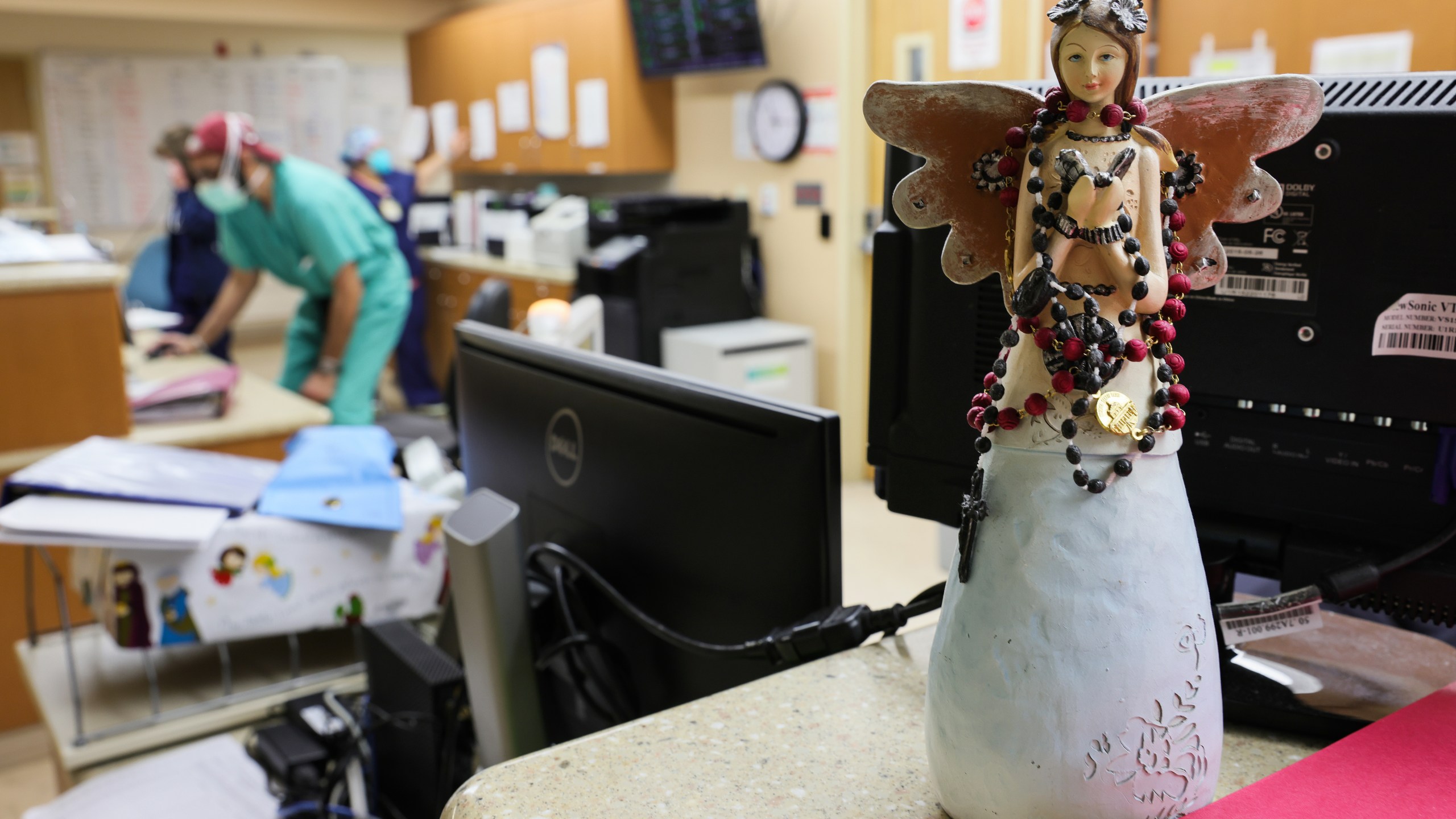 An angel is displayed, two days before Christmas, in the Intensive Care Unit (ICU) at Providence St. Mary Medical Center amid a surge in COVID-19 patients in Southern California on December 23, 2020 in Apple Valley, California. (Photo by Mario Tama/Getty Images)