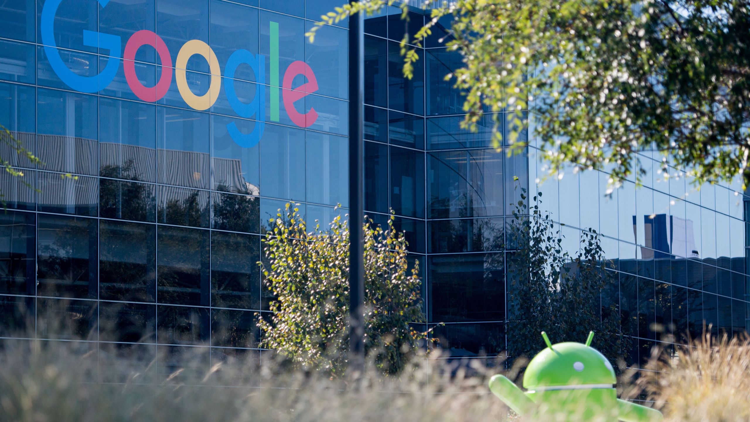 A Google logo and Android statue are seen at the Googleplex in Menlo Park, California on Nov. 4, 2016. (Josh Edelson/AFP via Getty Images)