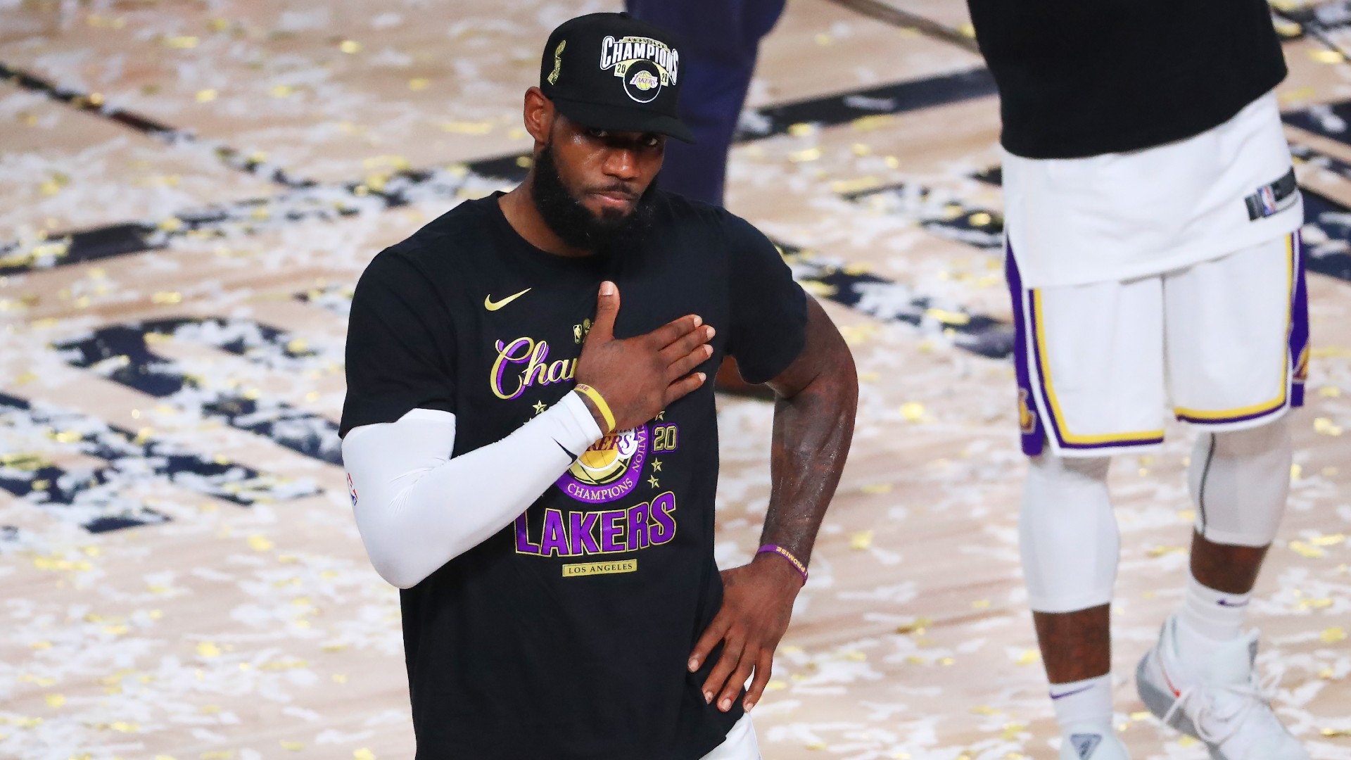 LeBron James reacts after the Los Angeles Lakers won the 2020 NBA Championship over the Miami Heat in Game Six of the 2020 NBA Finals at AdventHealth Arena at the ESPN Wide World Of Sports Complex on October 11, 2020 in Lake Buena Vista, Florida. (Mike Ehrmann/Getty Images)