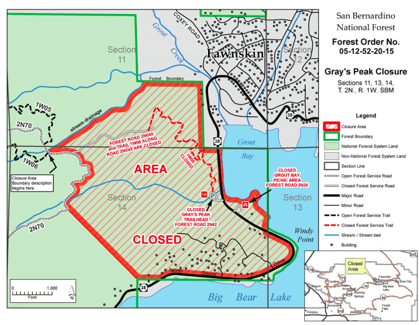 The U.S. Forest Service released this map of areas closed near Big Bear Lake effective Dec. 1, 2020. 