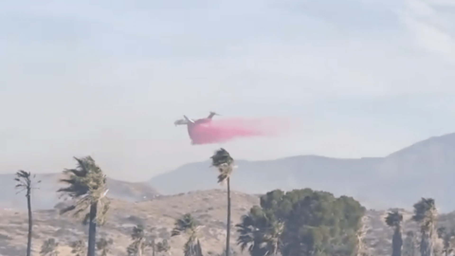 An aerial unit drops retardant over the Sanderson Fire in the Beaumont area on Dec. 13, 2020. (Cal Fire Riverside)