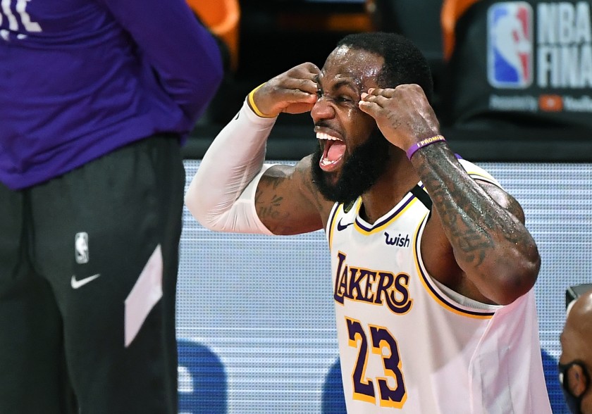 LeBron James celebrates the Lakers’ 2020 NBA championship in Orlando, Fla.(Wally Skalij / Los Angeles Times)