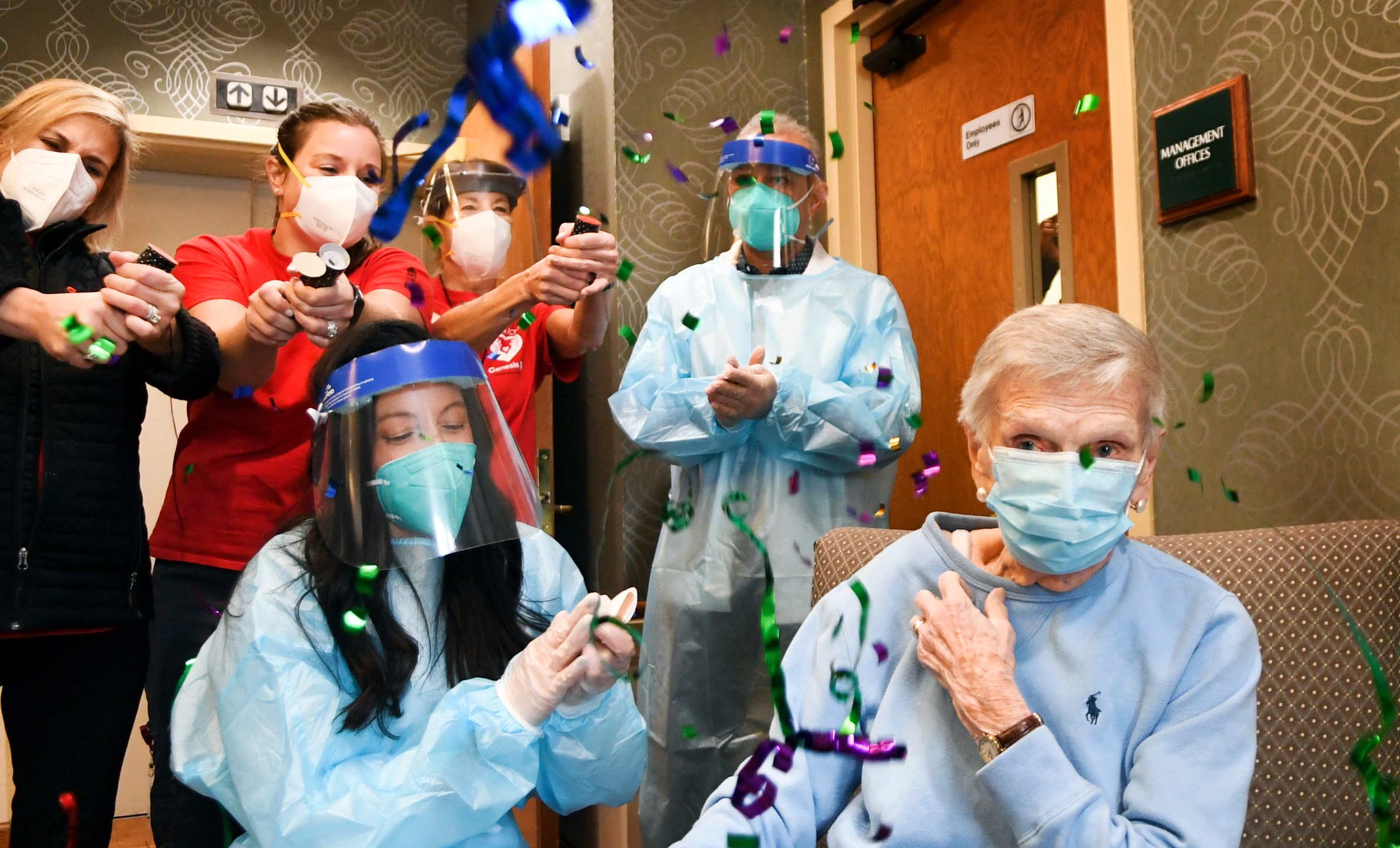 Jeanne Peters, 95, a rehab patient at The Reservoir, a nursing facility, was given the first COVID-19 vaccination in a Ct. nursing home on Dec. 18, 2020, in West Hartford, Conn. (AP Photo/Stephen Dunn,POOL)