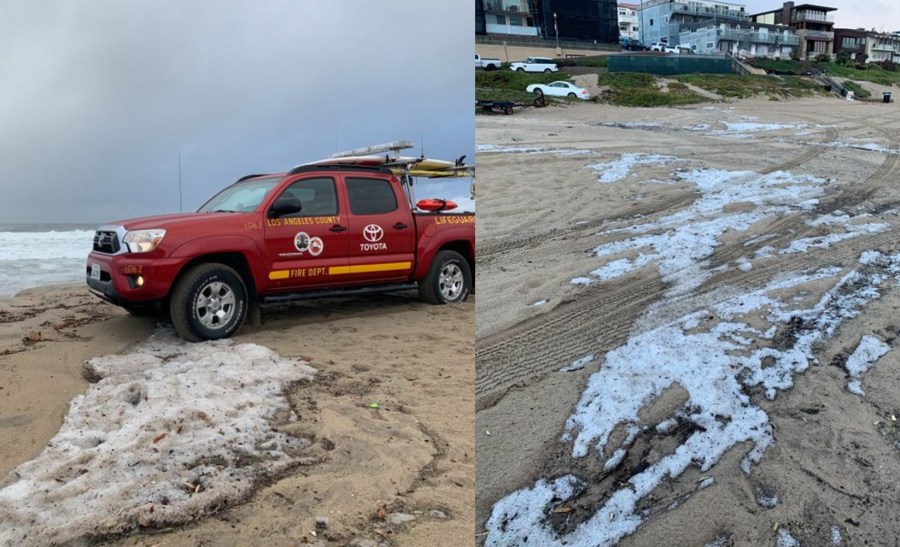 The Los Angeles County Fire Department's Lifeguard agency tweeted these photos showing hail on a local beach on Dec. 28, 2020.