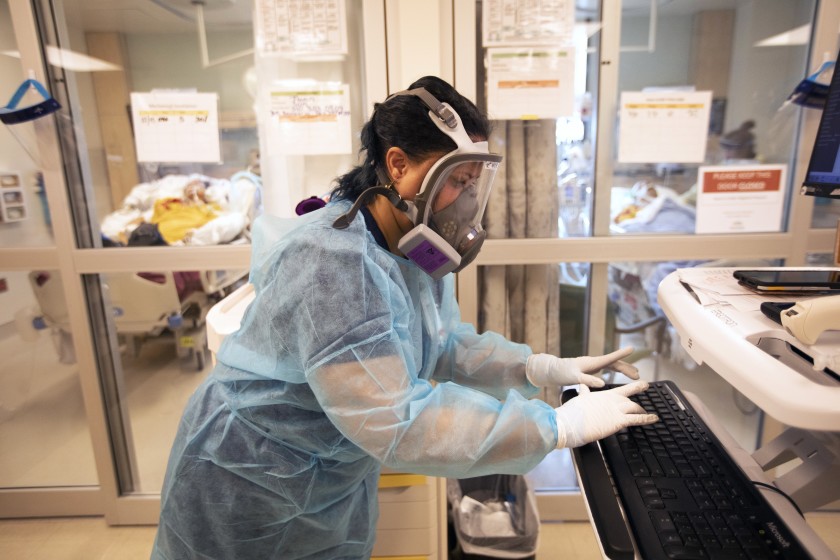 Registered nurse Michelle Goldson works in the intensive care unit at Martin Luther King Jr. Community Hospital on Dec. 17, 2020. (Francine Orr / Los Angeles Times)