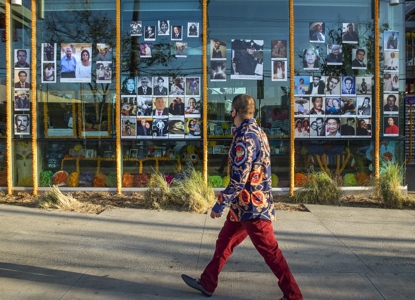 A Day of the Dead altar set up in November 2020 at the office of L.A. City Councilwoman Monica Rodriguez at Pacoima City Hall includes COVID-19 victims. (Mel Melcon / Los Angeles Times)