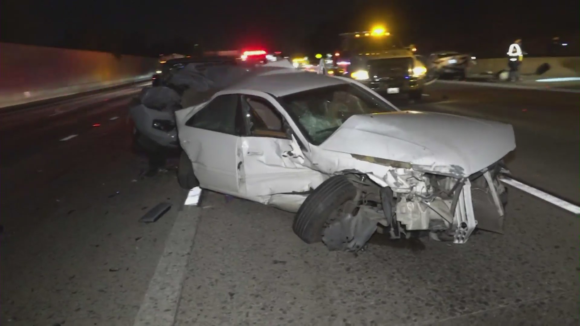 Several vehicles were involved in a crash on the 210 Freeway in Glendora on Dec. 17, 2020. (KTLA)