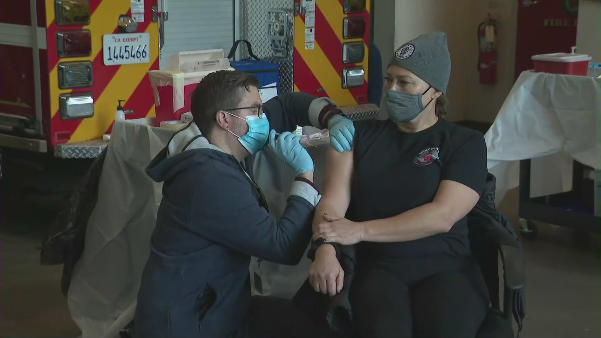 A Pasadena firefighter receives Moderna's COVID-19 vaccine at the fire station on Dec. 28, 2020. (KTLA)