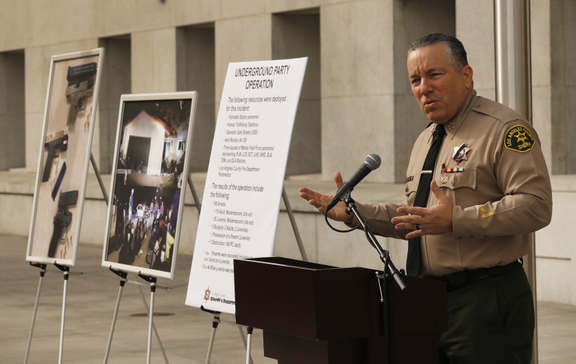 Los Angeles County Sheriff Alex Villanueva addresses the media at the Hall of Justice in downtown Los Angeles on Dec. 8, 2020 about the arrest of more than 150 people at a super-spreader event in Palmdale. (Al Seib / Los Angeles Times)