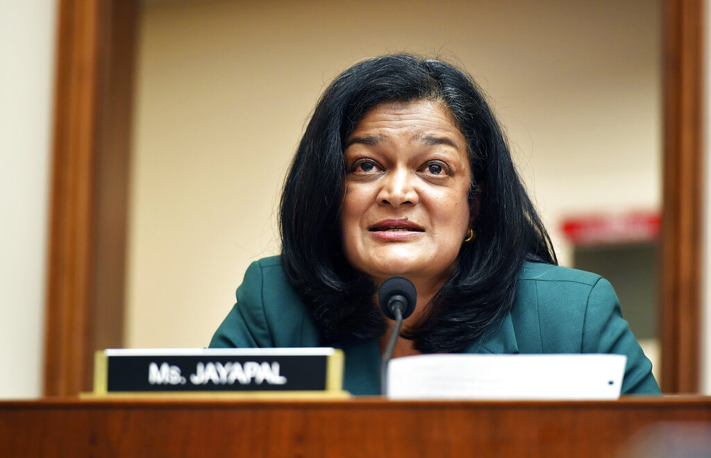 Rep. Pramila Jayapal, D-Wash., speaks during a House Judiciary subcommittee on antitrust on Capitol Hill on Wednesday, July 29, 2020, in Washington. (Mandel Ngan/Pool via AP)