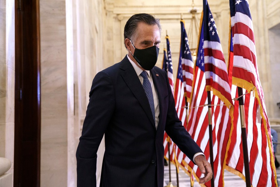 Sen. Mitt Romney, R-Utah, departs after the Republican Conference held leadership elections, on Capitol Hill in Washington, Tuesday, Nov. 10, 2020. (J. Scott Applewhite/AP Photo)