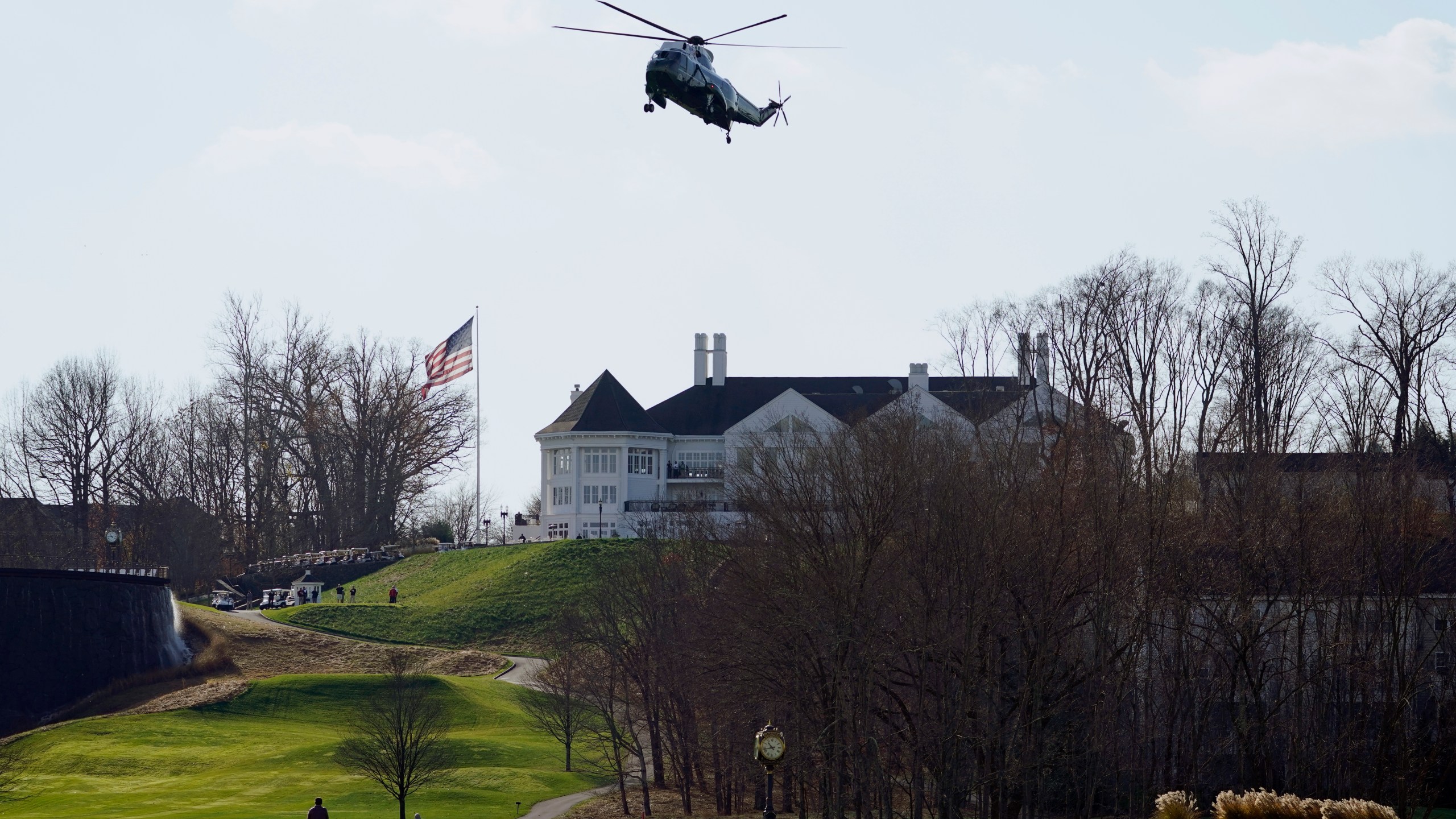 Marine One with President Donald Trump aboard lands at Trump National Golf Club, Saturday, Nov. 28, 2020, in Sterling, Va. (AP Photo/Alex Brandon)