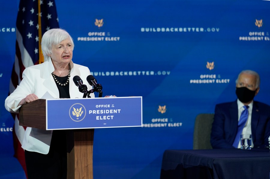 President-elect Joe Biden, right, listens as Janet Yellen, who Biden nominated to serve as Secretary of the Treasury, speaks at The Queen theater, Tuesday, Dec. 1, 2020, in Wilmington, Del. (Andrew Harnik/AP Photo)