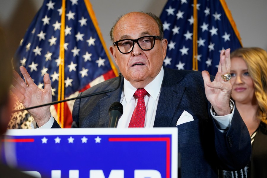 In this Nov. 19, 2020, file photo, former New York Mayor Rudy Giuliani, a lawyer for President Donald Trump, speaks during a news conference at the Republican National Committee headquarters, in Washington. (AP Photo/Jacquelyn Martin, File)