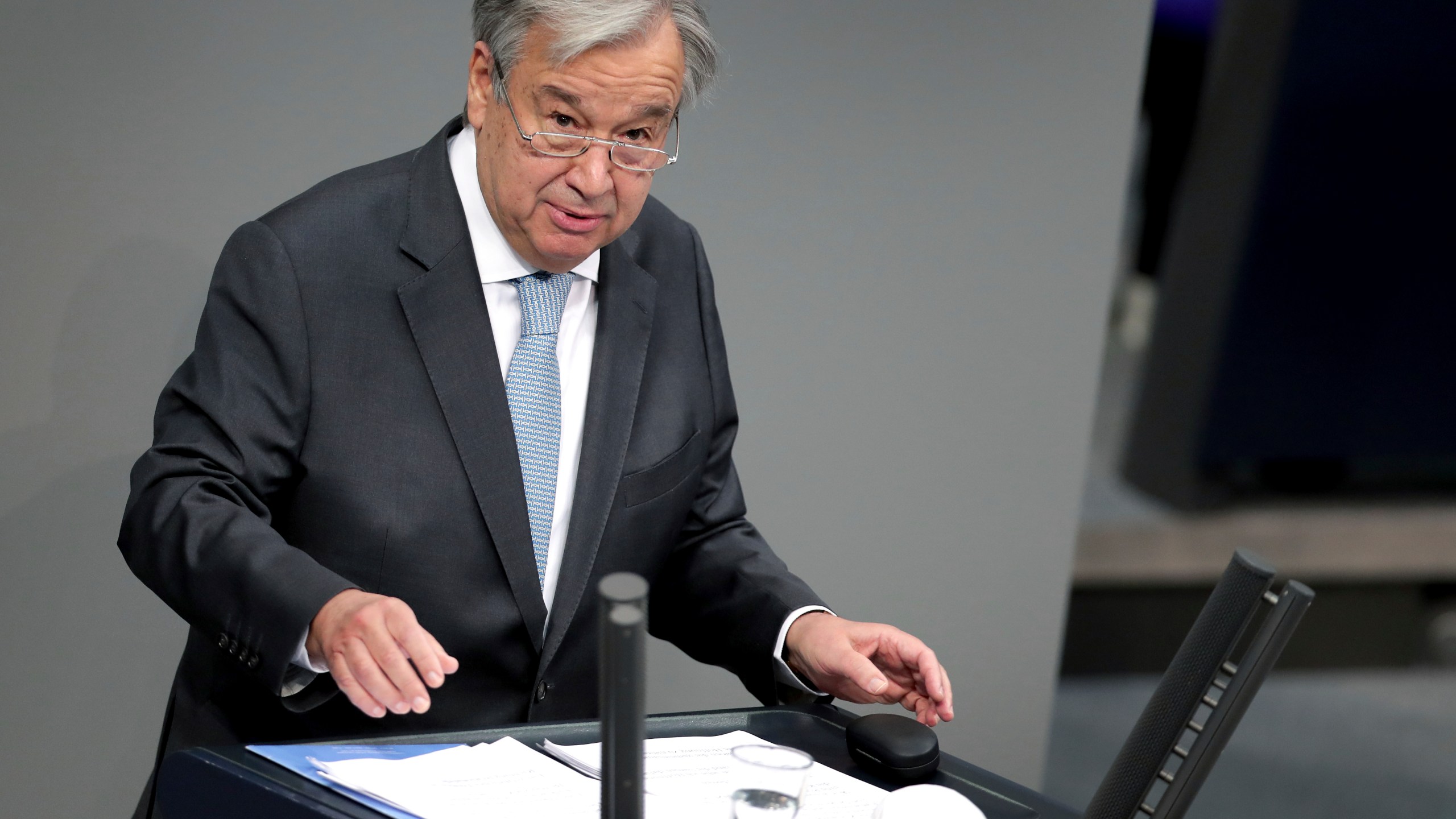 UN Secretary-General Antonio Guterres delivers a speech during a meeting of the German federal parliament, Bundestag, at the Reichstag building in Berlin, Germany, Friday, Dec. 18, 2020. (AP Photo/Michael Sohn)