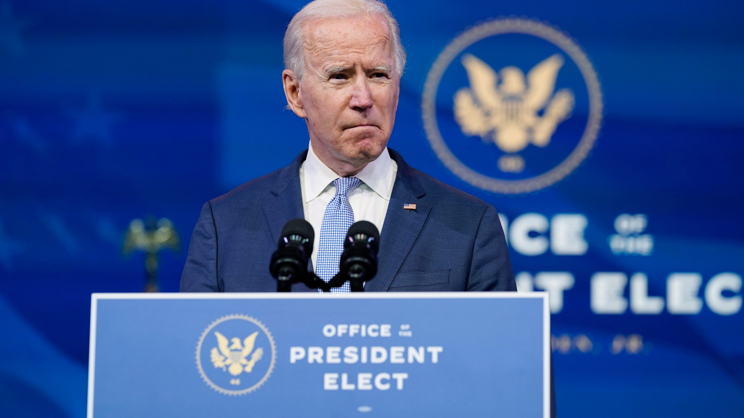 President-elect Joe Biden speaks at The Queen theater in Wilmington, Del., Wednesday, Jan. 6, 2021. (AP Photo/Susan Walsh)