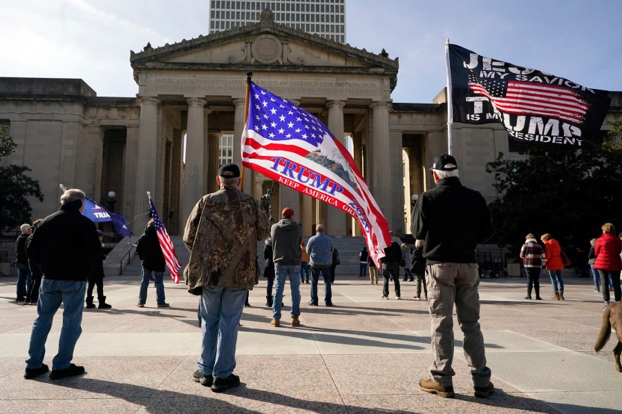 People take part in a rally at the Legislative Plaza, Wednesday, Jan. 6, 2021, in Nashville, Tenn. (AP Photo/Mark Humphrey)