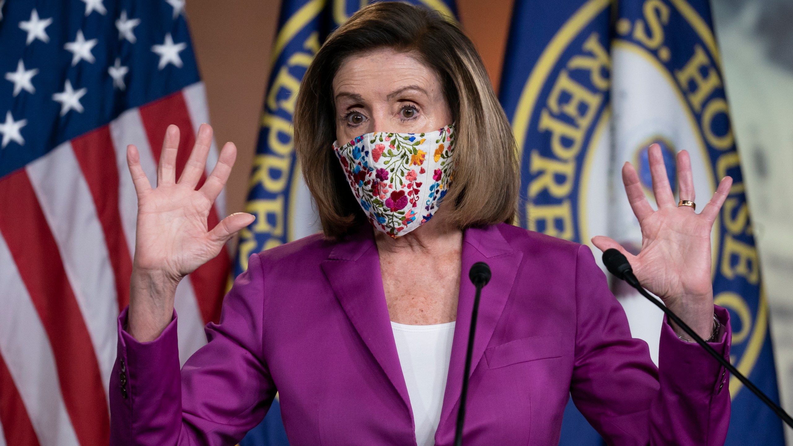 Speaker of the House Nancy Pelosi, D-Calif., holds a news conference on the day after violent protesters loyal to President Donald Trump stormed the U.S. Congress, at the Capitol in Washington, Thursday, Jan. 7, 2021. (AP Photo/J. Scott Applewhite)