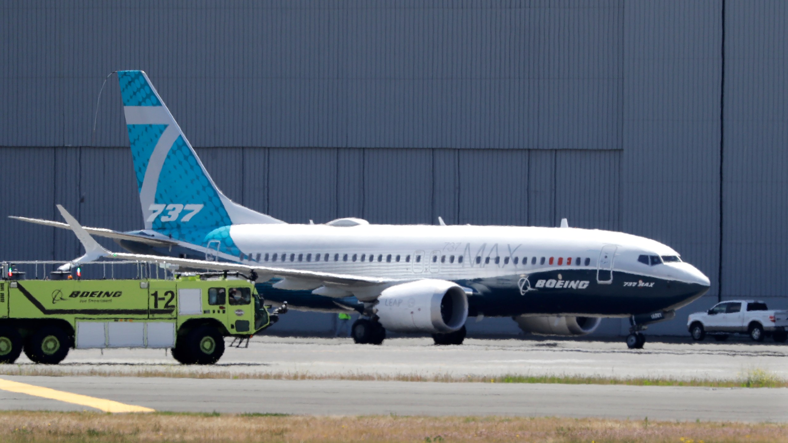 In this June 29, 2020, file photo, A Boeing 737 MAX jet taxis after landing at Boeing Field following a test flight in Seattle. (Elaine Thompson/Associated Press)