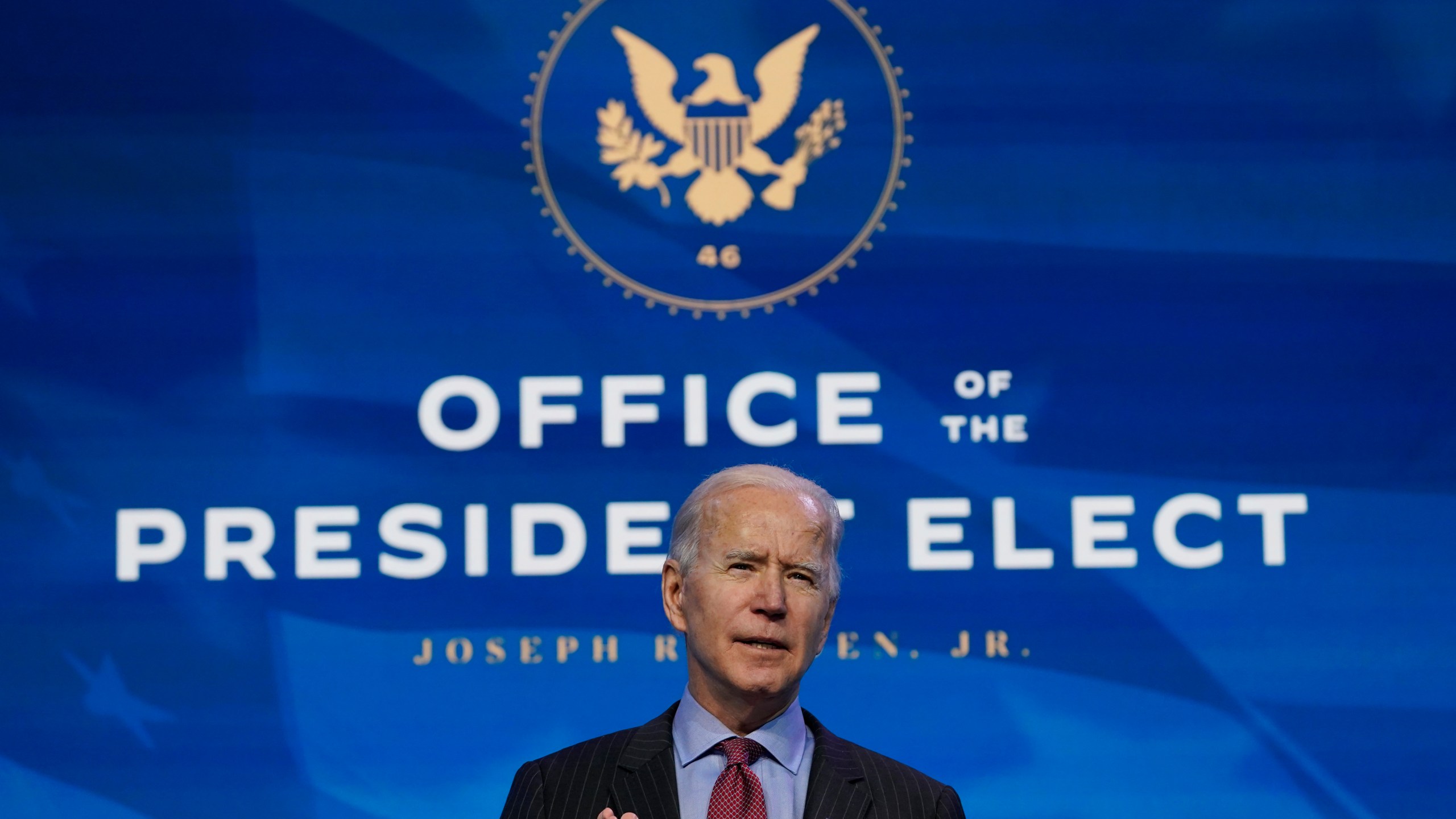 President-elect Joe Biden speaks during an event at The Queen theater in Wilmington, Del., Friday, Jan. 8, 2021, to announce key administration posts. (AP Photo/Susan Walsh)