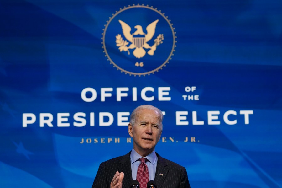 President-elect Joe Biden speaks during an event at The Queen theater in Wilmington, Del., Friday, Jan. 8, 2021, to announce key administration posts. (AP Photo/Susan Walsh)