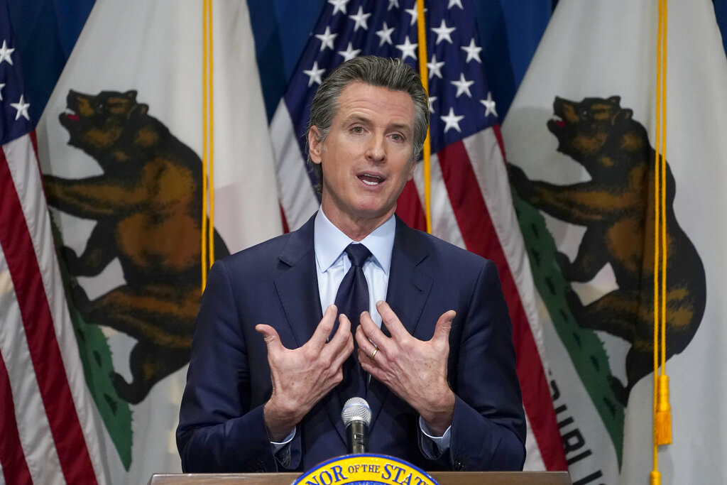 In this Jan. 8, 2021, file photo, California Gov. Gavin Newsom outlines his 2021-2022 state budget proposal during a news conference in Sacramento. (AP Photo/Rich Pedroncelli, Pool, File)