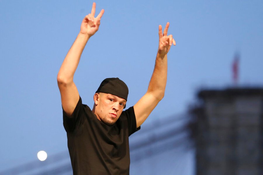 Nate Diaz is seen at a news conference for the UFC 244 mixed martial arts event in New York, in this Thursday, Sept. 19, 2019, file photo. Diaz is among many fighters who already used marijuana actively when not in competition. (AP Photo/Gregory Payan)