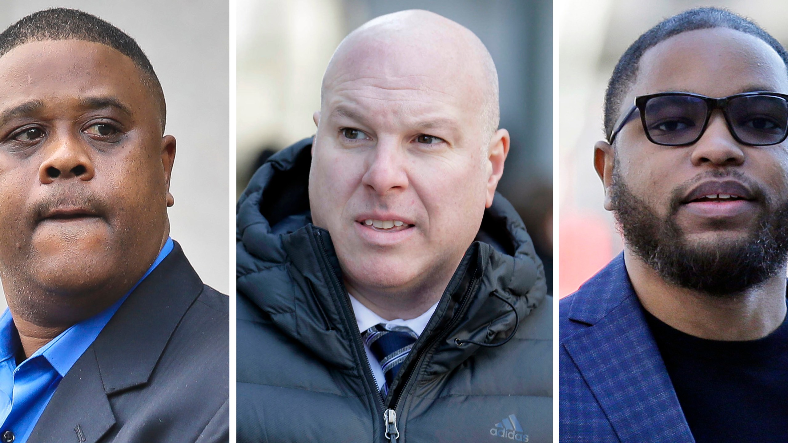 This file combo of images shows, from left, amateur basketball league director Merl Code, former Adidas executive James Gatto, and business manager Christian Dawkins. (AP Photo/File)