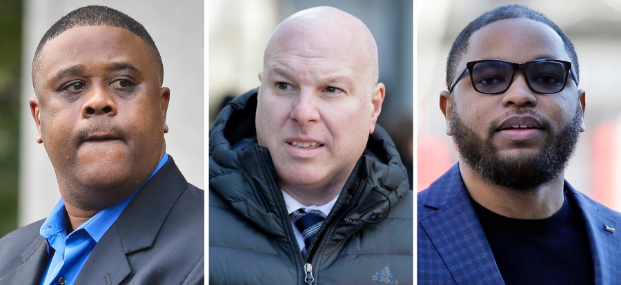 This file combo of images shows, from left, amateur basketball league director Merl Code, former Adidas executive James Gatto, and business manager Christian Dawkins. (AP Photo/File)