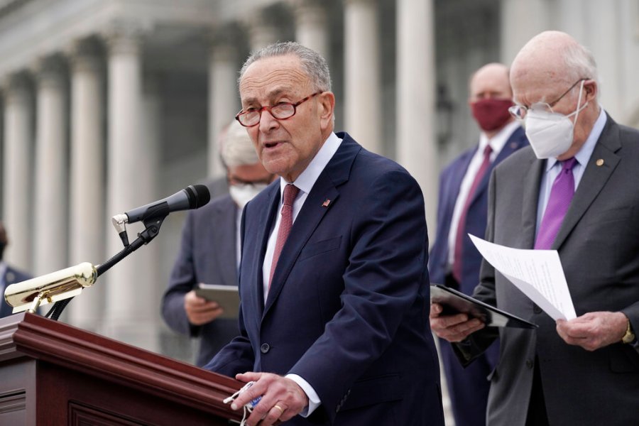 In this Oct. 22, 2020, file photo Senate Minority Leader Chuck Schumer, D-N.Y., and Democratic members of the Senate Judiciary Committee hold a news conference after boycotting the vote by the Republican-led panel to advance the nomination of Judge Amy Coney Barrett to sit on the Supreme Court at the Capitol in Washington. (AP Photo/J. Scott Applewhite, File)