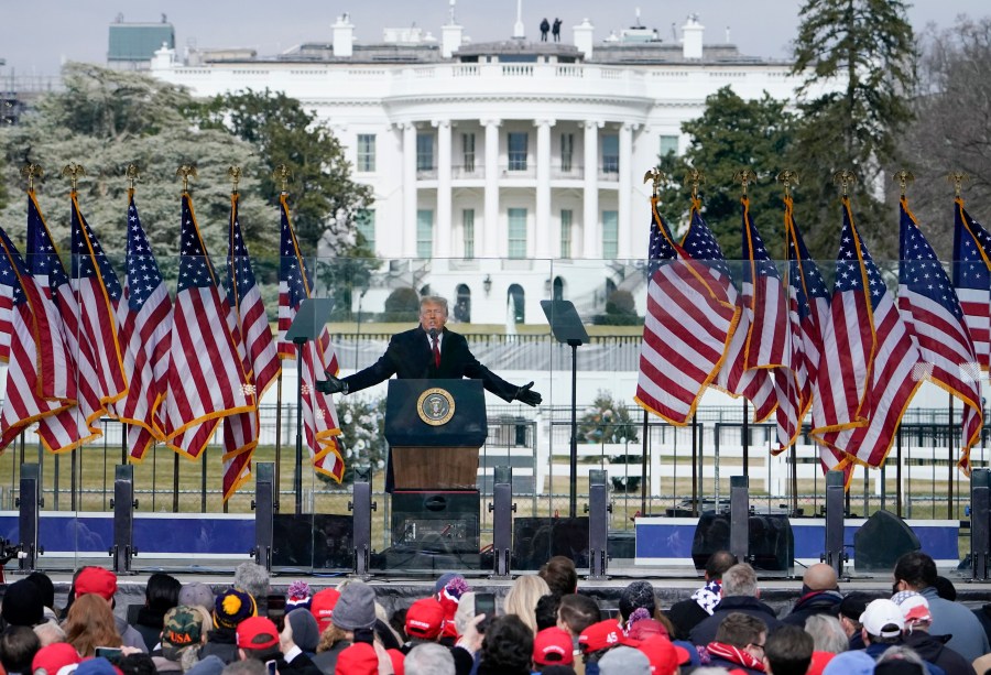 In this Jan. 6, 2021, file photo with the White House in the background, President Donald Trump speaks at a rally in Washington. (AP Photo/Jacquelyn Martin, File)