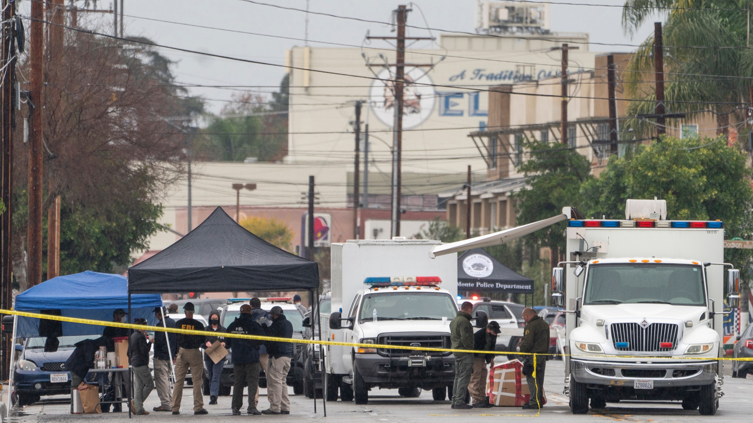 A command post is seen outside the First Works Baptist Church after an explosion in El Monte, Calif., Saturday, Jan. 23, 2021. (AP Photo/Damian Dovarganes)