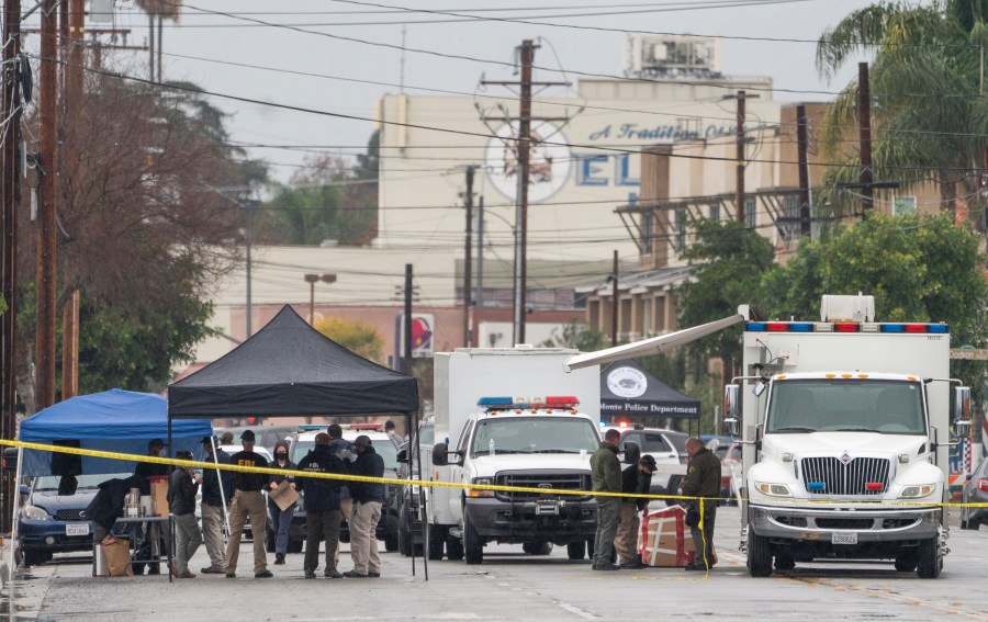 A command post is seen outside the First Works Baptist Church after an explosion in El Monte, Calif., Saturday, Jan. 23, 2021. (AP Photo/Damian Dovarganes)