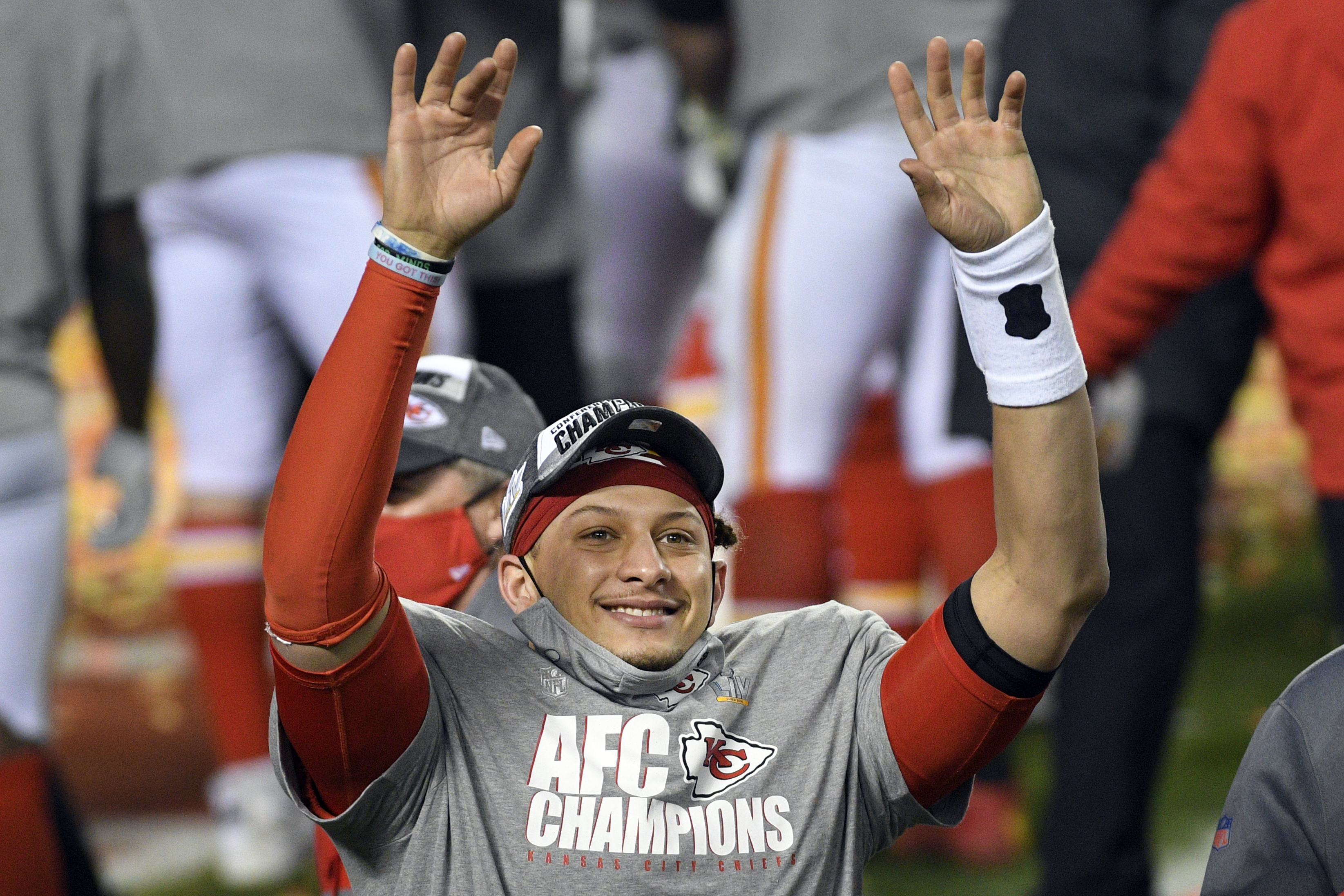 Kansas City Chiefs quarterback Patrick Mahomes celebrates after the AFC championship NFL football game against the Buffalo Bills, Sunday, Jan. 24, 2021, in Kansas City, Mo. The Chiefs won 38-24. (AP Photo/Reed Hoffmann)