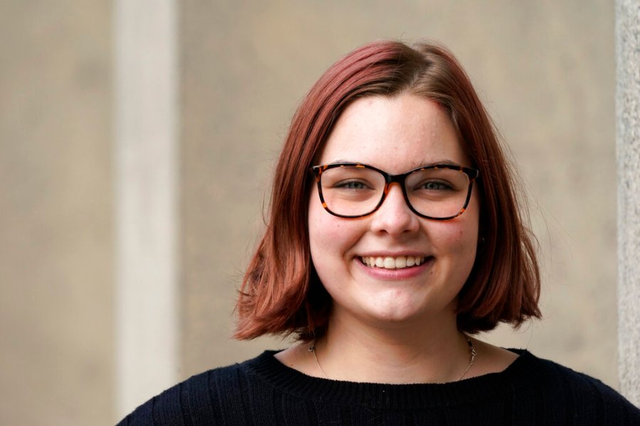 Sophie Corroon, a sophomore at the University of Washington, poses for a photo on the school's campus Jan. 25, 2021, in Seattle. Corroon helped work on proposed legislation in her home state of Utah to allow students to take mental health days. (AP Photo/Elaine Thompson)