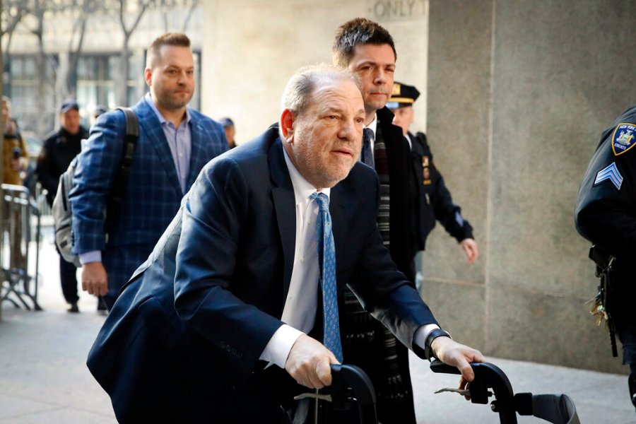 In this Feb. 24, 2020, file photo, Harvey Weinstein arrives at a Manhattan courthouse as jury deliberations continue in his rape trial in New York. (AP Photo/John Minchillo, File)