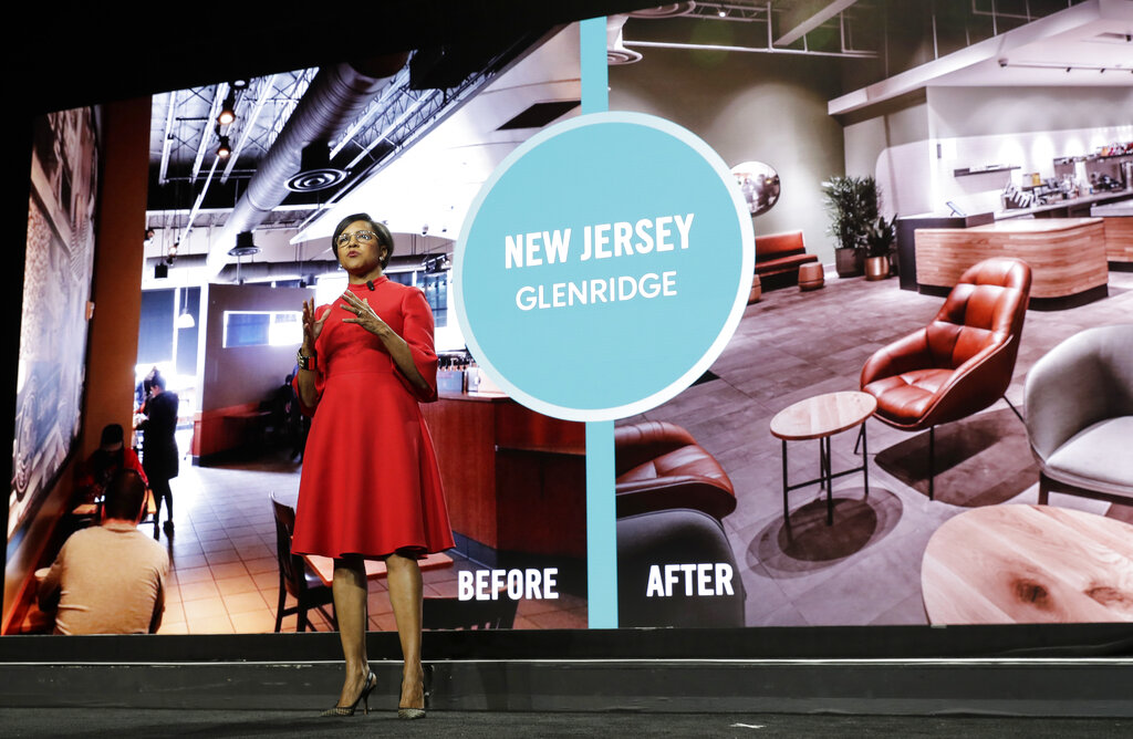 Starbucks COO Roz Brewer talks about the proposed redesign of a Starbucks store in New Jersey as she speaks Wednesday, March 20, 2019, during the company's annual shareholders meeting in Seattle. Walgreens has tapped Roz Brewer as its new CEO, which will make her the only Black woman currently leading a Fortune 500 company. Brewer will take over as Walgreens CEO on March 15, 2021 after a little more than three years as Starbucks' chief operating officer. (AP Photo/Ted S. Warren, file)