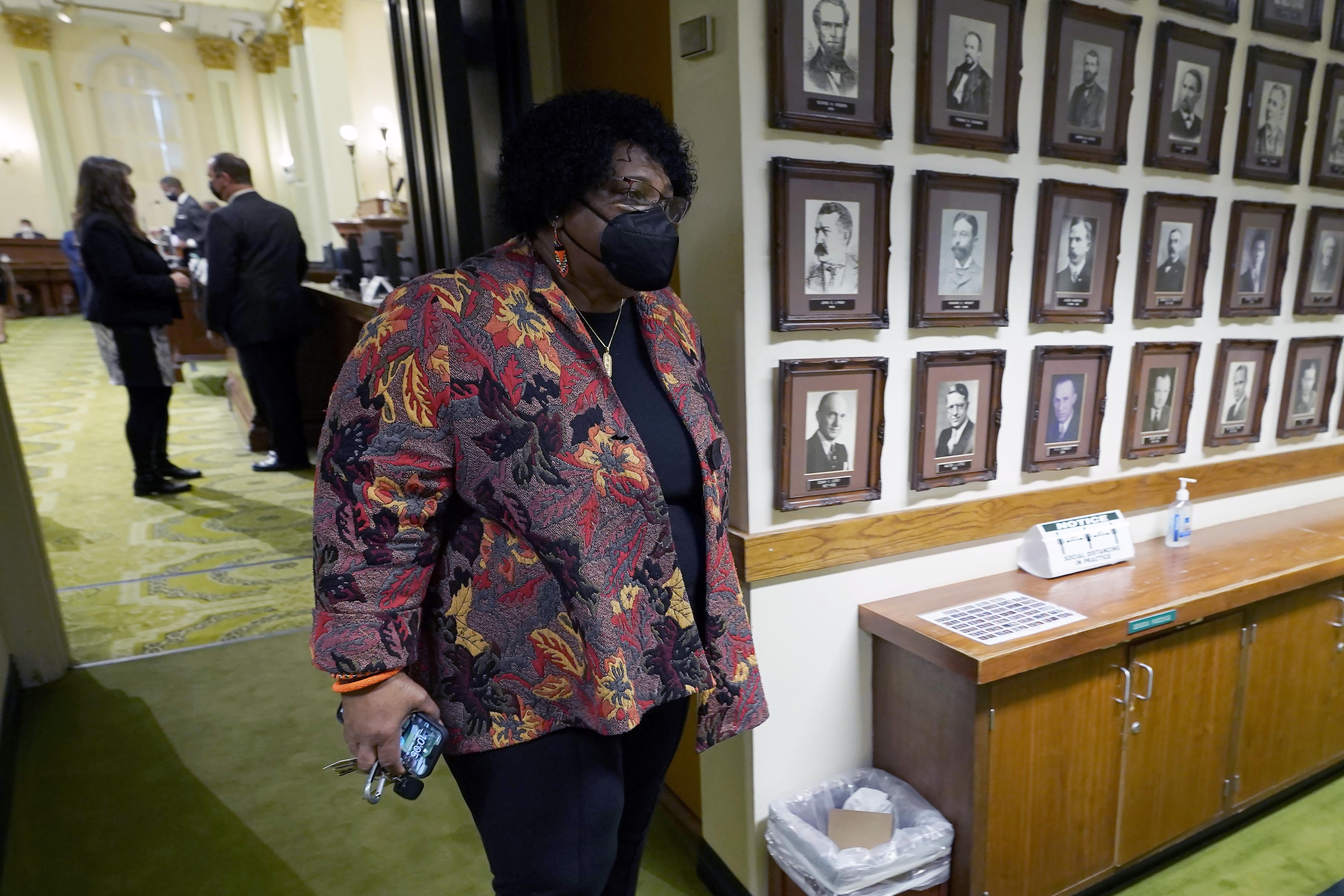 Democratic Assemblywoman Shirley Weber leaves the Assembly Chambers at the Capitol in Sacramento on Jan. 28, 2021. (Rich Pedroncelli / Associated Press)