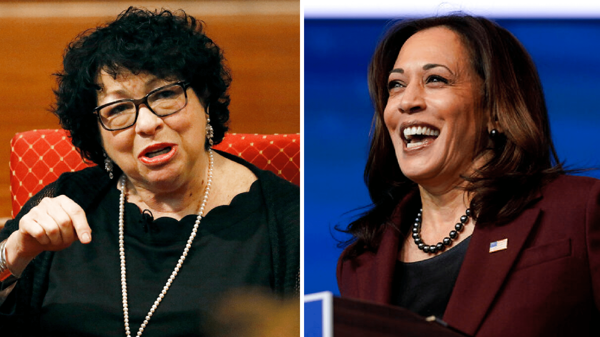 U.S. Supreme Court Associate Justice Sonia Sotomayor is seen on Aug. 17, 2019. On the right, Vice President-elect Kamala Harris speaks as she and President-elect Joe Biden introduce their nominees and appointees to key national security and foreign policy posts at The Queen theater, in Wilmington, Del. on Nov. 24, 2020. (AP Photo/Rogelio V. Solis/Carolyn Kaster, File)