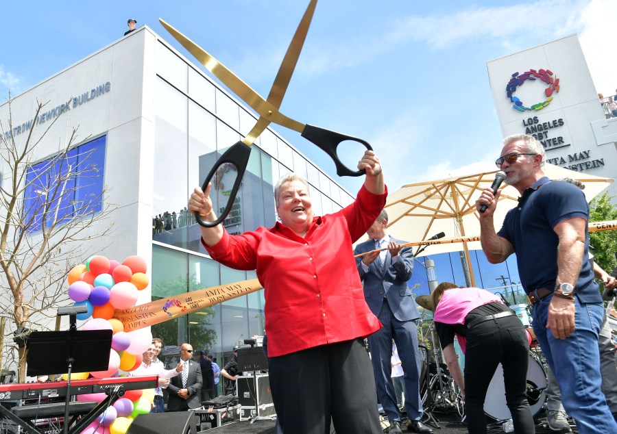 Lorri L. Jean (L) and David Bailey (R) speak onstage during the grand opening of the Los Angeles LGBT Center's Anita May Rosenstein Campus on April 7, 2019 in Los Angeles, California. (Amy Sussman/Getty Images for Los Angeles LGBT Center )