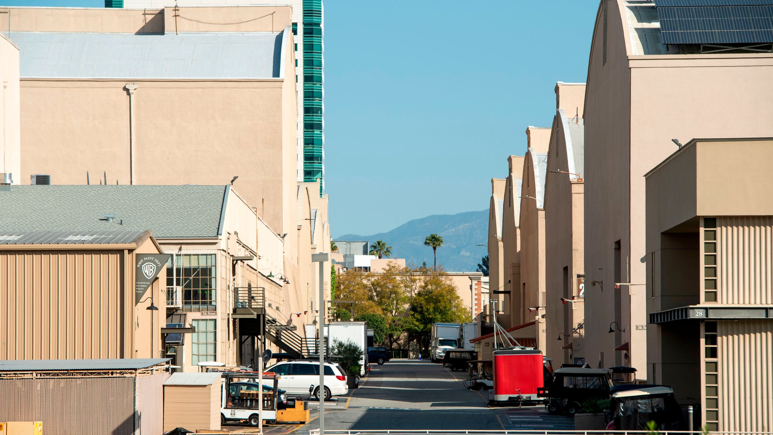 View of an empty street between sets in Warner Bros lot during the COVID-19 crisis on April 2, 2020. (VALERIE MACON/AFP via Getty Images)