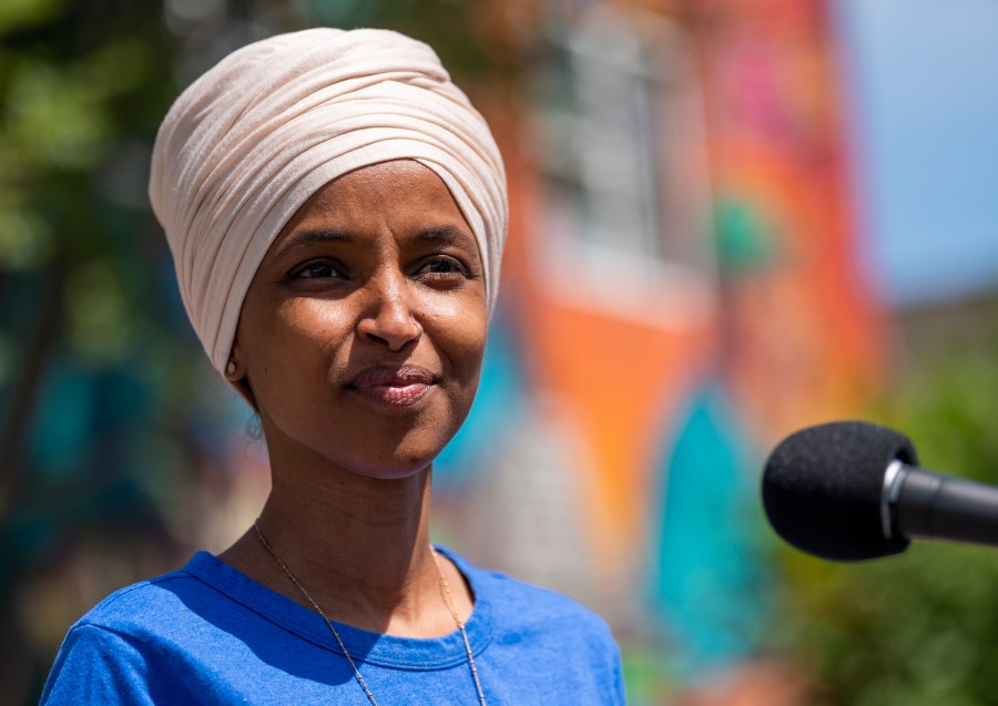 Rep. Ilhan Omar (D-MN) speaks with media gathered outside Mercado Central on August 11, 2020 in Minneapolis, Minnesota. (Stephen Maturen/Getty Images)