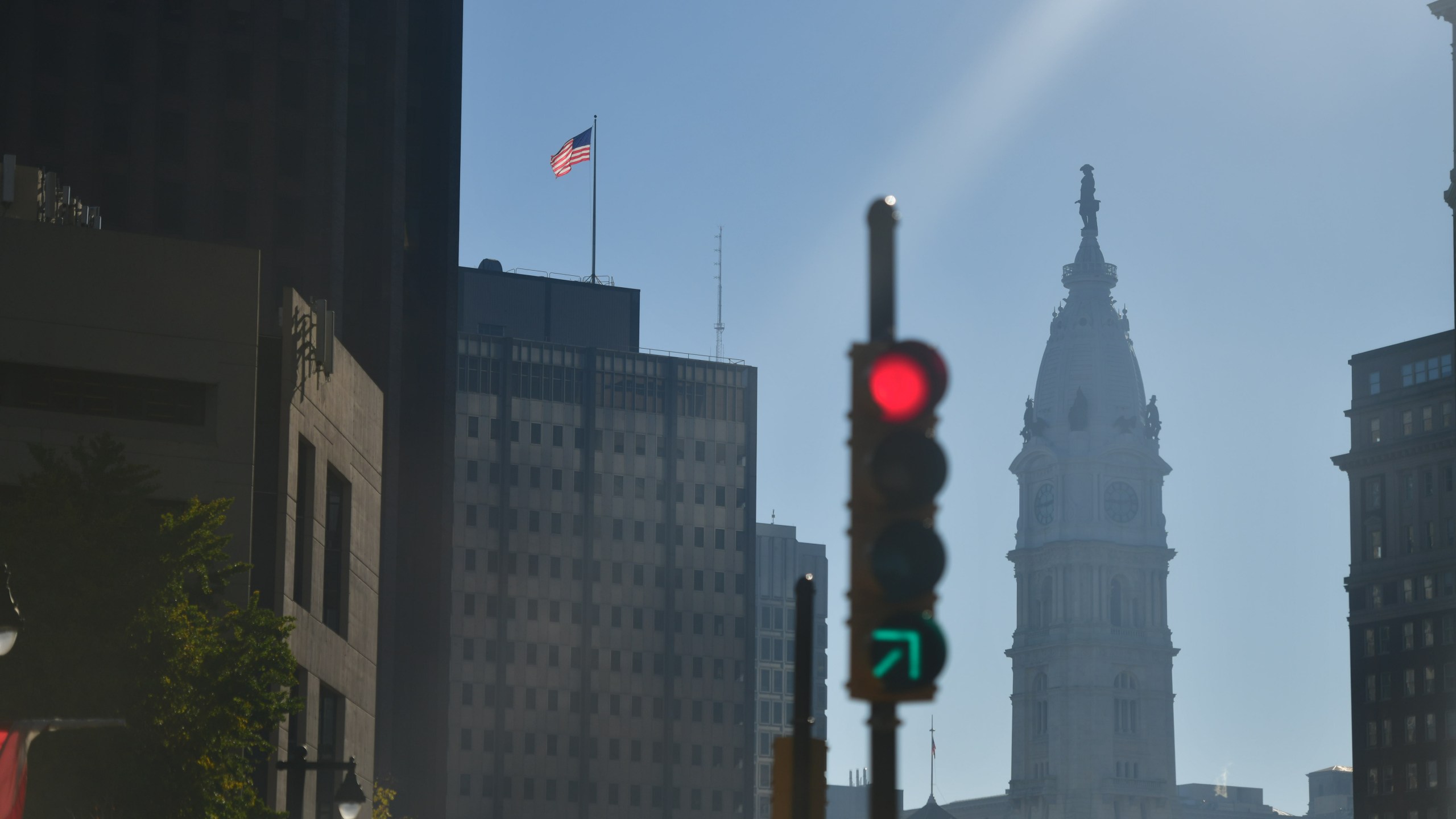 Philadelphia City Hall is seen seven days after the general election where votes are still being counted at the nearby convention center on November 10, 2020 in Philadelphia, Pennsylvania. (Mark Makela/Getty Images)