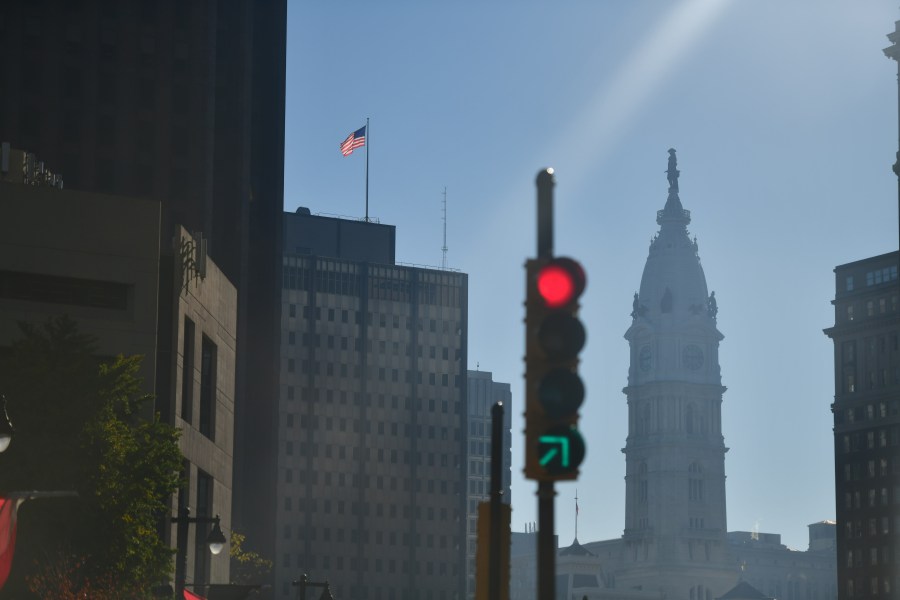 Philadelphia City Hall is seen seven days after the general election where votes are still being counted at the nearby convention center on November 10, 2020 in Philadelphia, Pennsylvania. (Mark Makela/Getty Images)