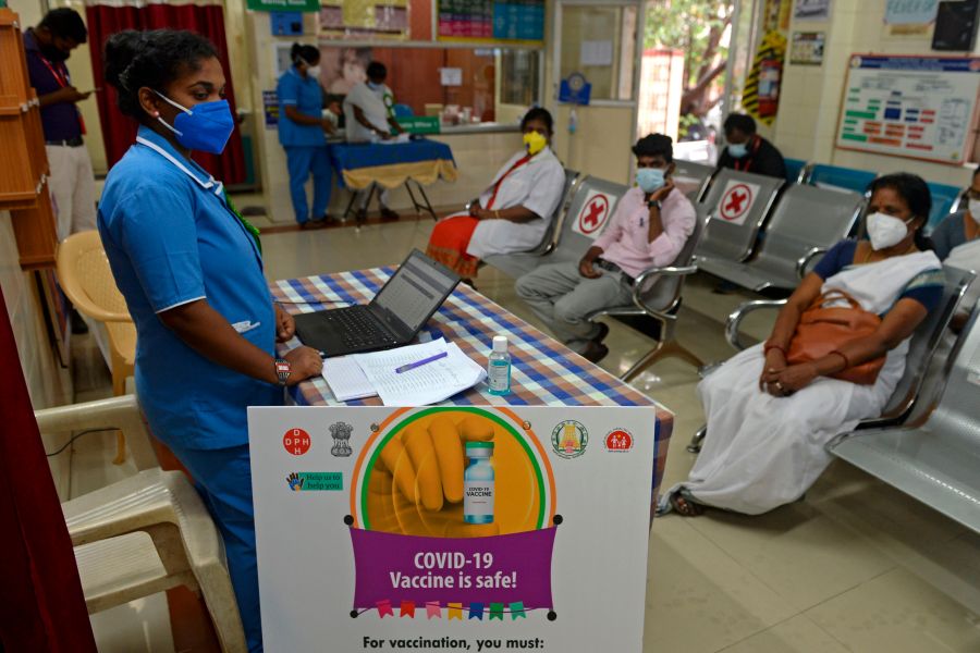 Health officials take part in a dry run or mock drill for COVID-19 vaccine delivery at a primary health center in Chennai on Jan. 2, 2021. (ARUN SANKAR/AFP via Getty Images)