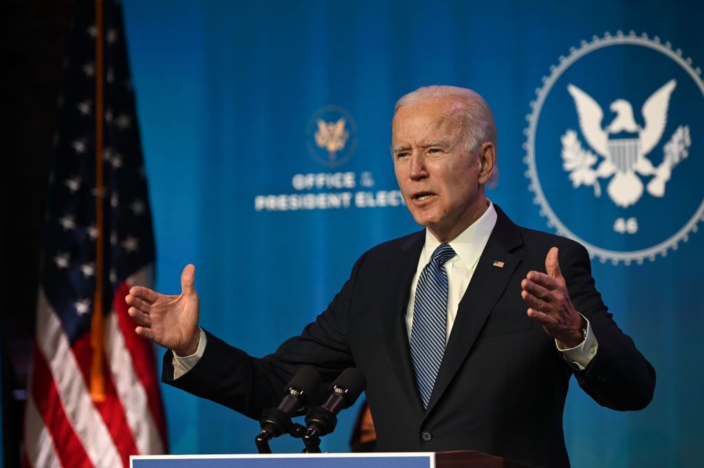 President-elect Joe Biden speaks at The Queen theater in Wilmington, Deleware on January 7, 2021, to announce key nominees for the Justice Department. (JIM WATSON/AFP via Getty Images)