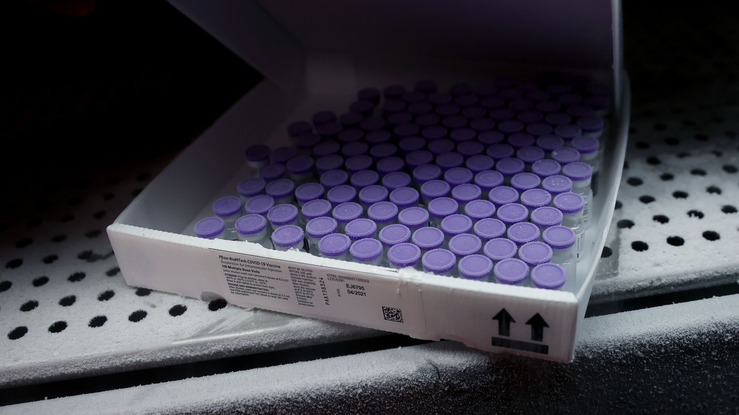 This file photo shows vials containing the Pfizer-Biontech COVID-19 vaccine in an ultra-low freezer in Magdeburg, eastern Germany on Jan. 8, 2021. (Ronny Hartmann/ AFP via Getty Images)