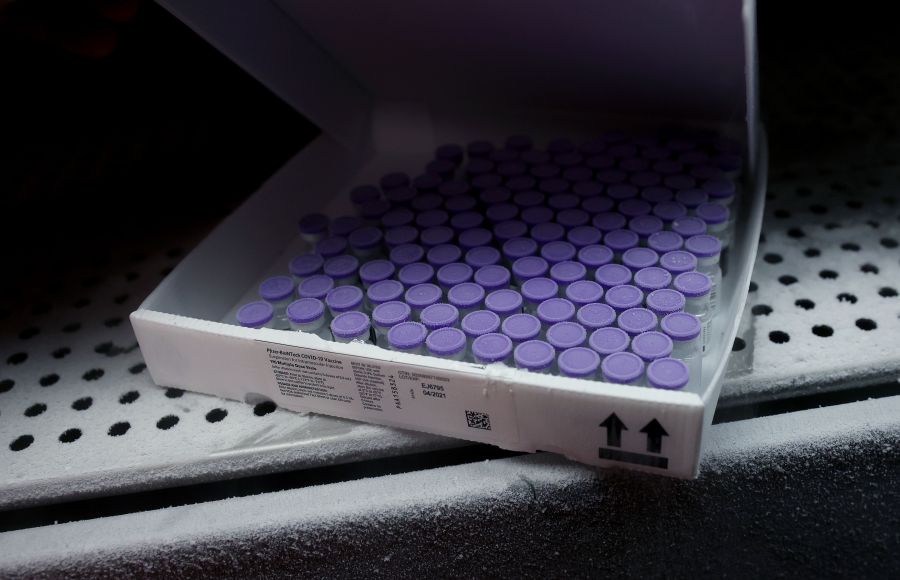 This file photo shows vials containing the Pfizer-Biontech COVID-19 vaccine in an ultra-low freezer in Magdeburg, eastern Germany on Jan. 8, 2021. (Ronny Hartmann/ AFP via Getty Images)